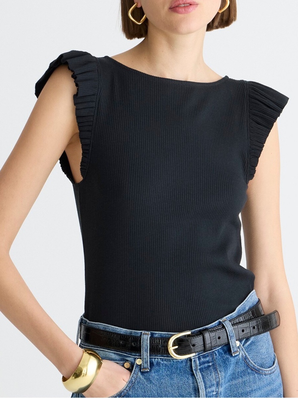 J. Crew Vintage Rib Ruffle Sleeve Top Black Ribbed Flutter Tee Shirt S
